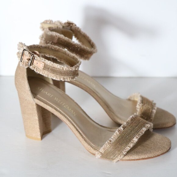 Stuart Weitzman Chaingang Frayed Linen Beaded Gold Heels Womens 7.5 Tan Strappy - Picture 2 of 9